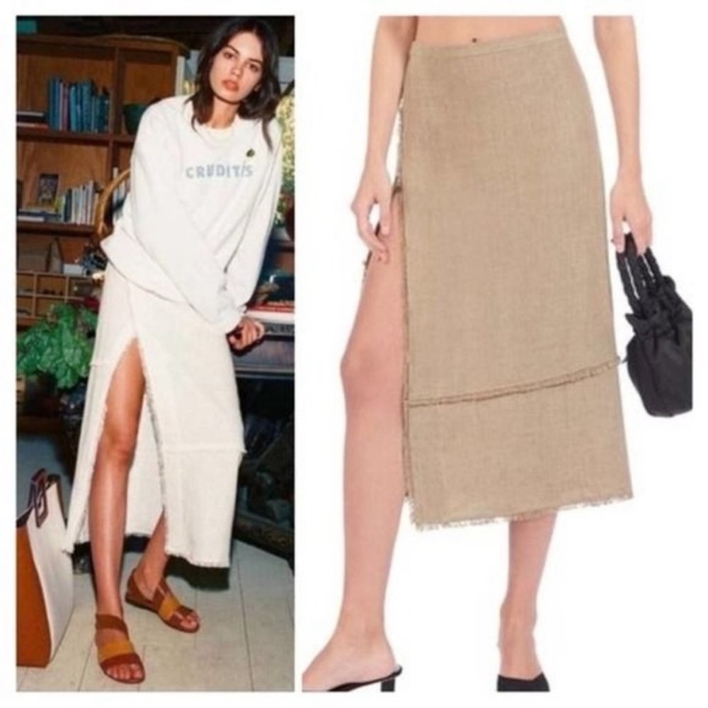 STAUD Carmela High Waist Raw Hem Linen Midi Skirt in Natural Sz O
